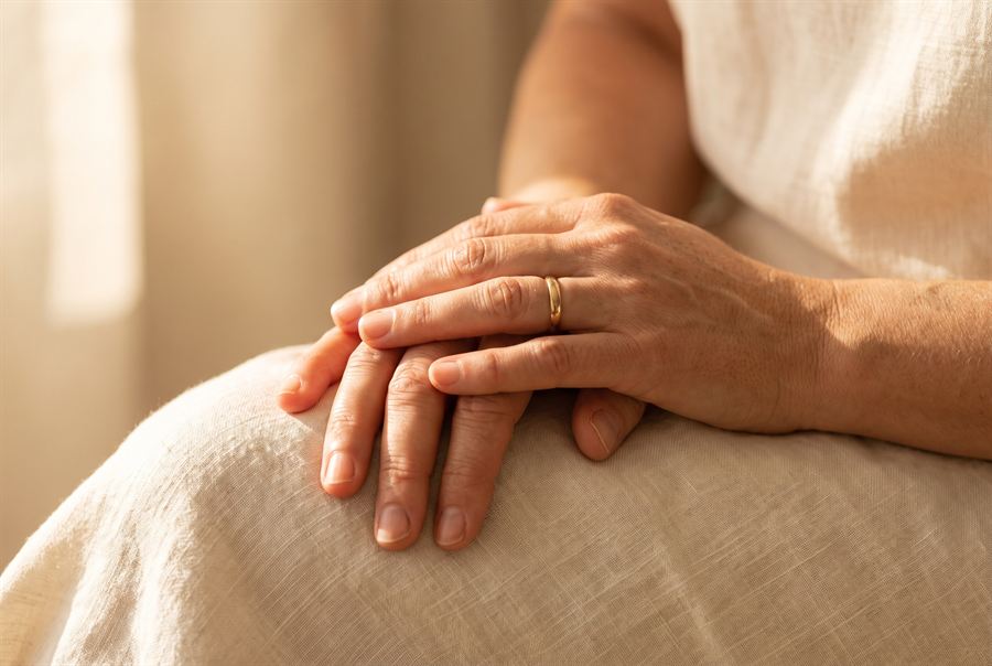 One hand resting over another on a linen lap, a plain gold wedding band visible, in soft window light.