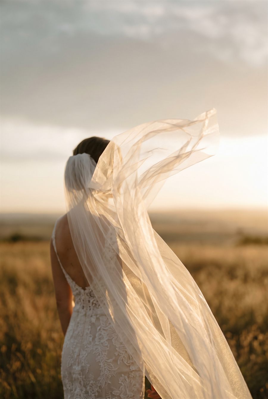 A long veil lifting in the wind, backlit by low golden sun.
