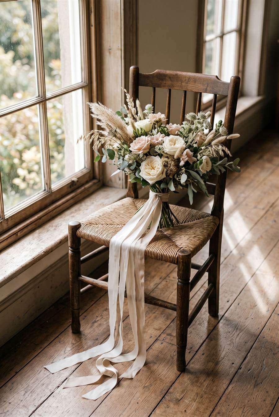 A loose bouquet of cream roses and dried grasses resting on an antique rush-seated chair beside a window, silk ribbons trailing to the floorboards.