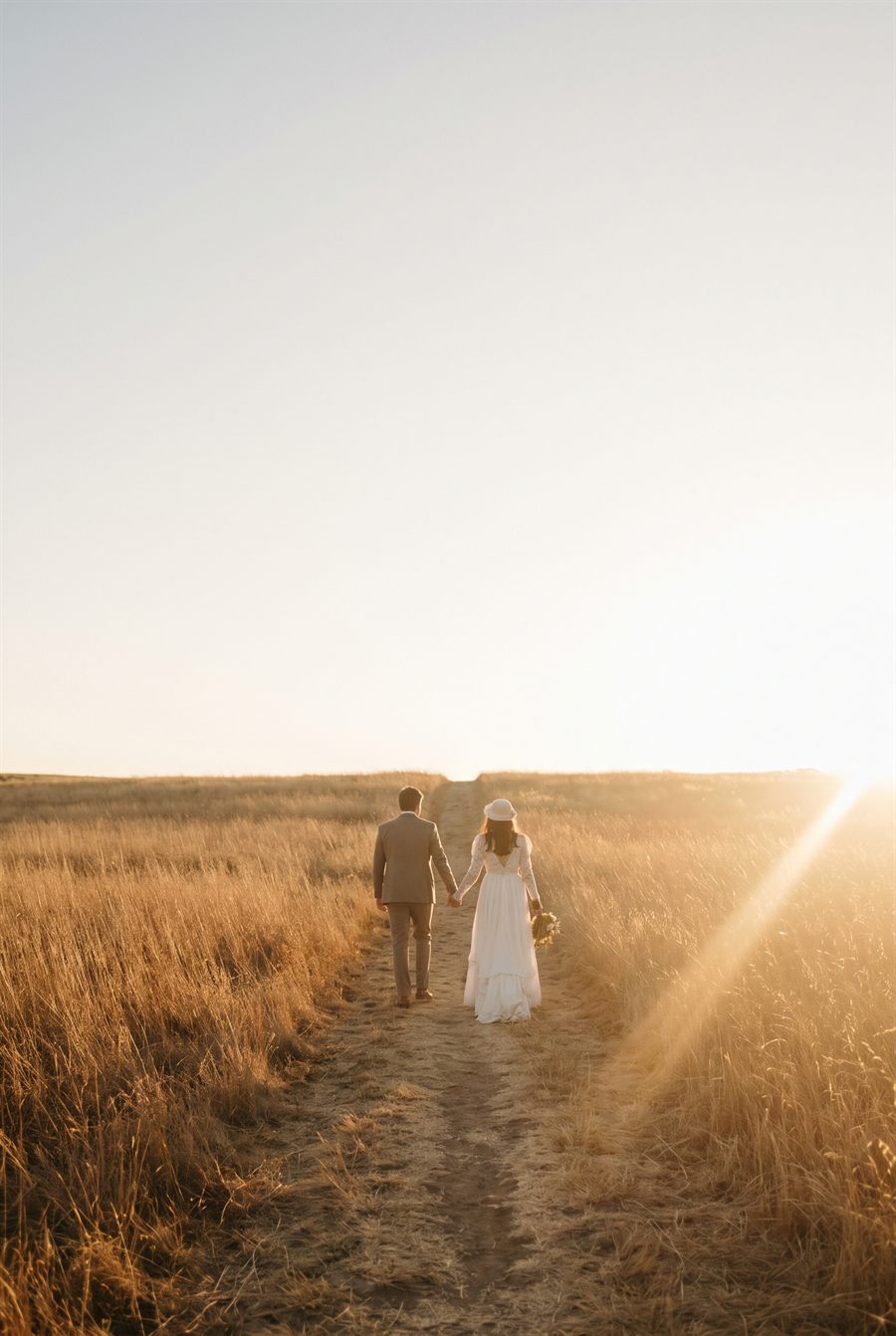 A couple walking away along a path through tall dry grass at golden hour.