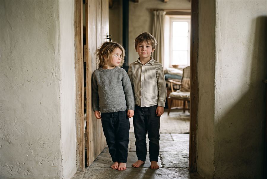 Two young siblings standing together in a backlit doorway.