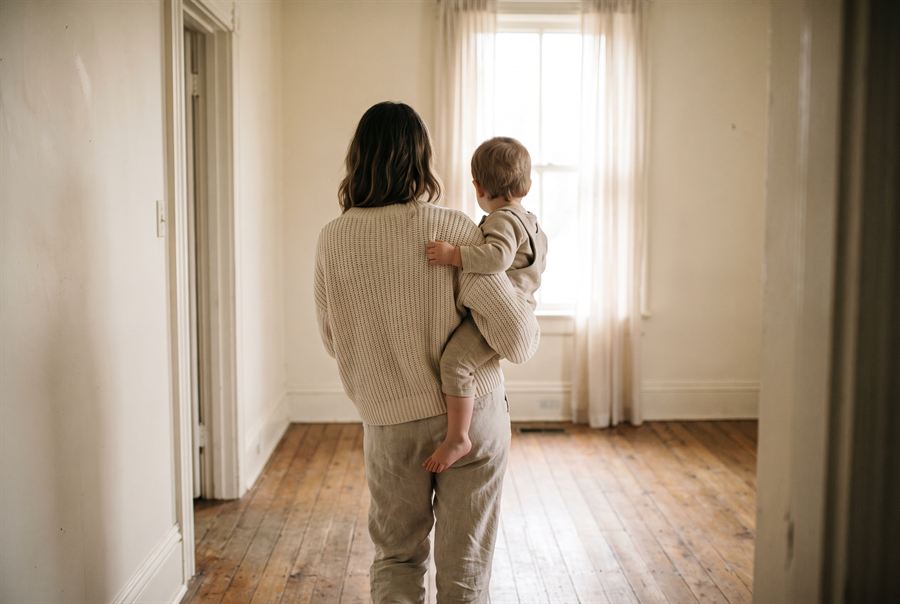 A mother carrying a small child on her hip, photographed from behind, walking toward a window.
