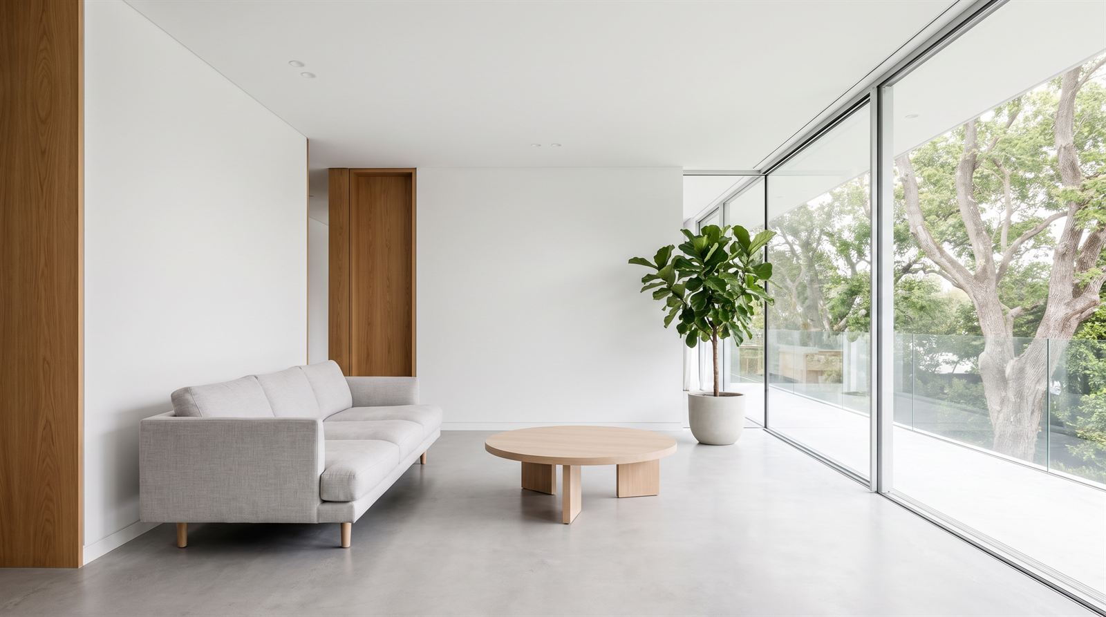 A modern living room with floor-to-ceiling glass overlooking mature trees, in bright daylight.